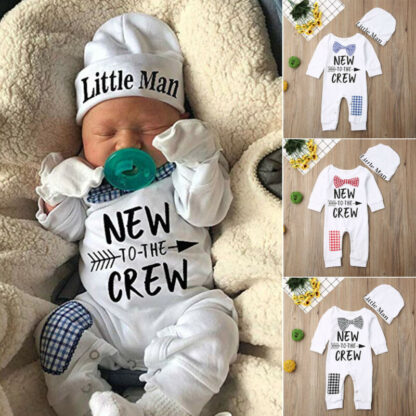 Newborn Baby Boys Cotton Autumn Long Sleeve Romper+Hat Jumpsuit Clothes Long Pants Warm Outfits