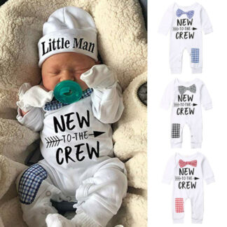 Newborn Baby Boys Cotton Autumn Long Sleeve Romper+Hat Jumpsuit Clothes Long Pants Warm Outfits